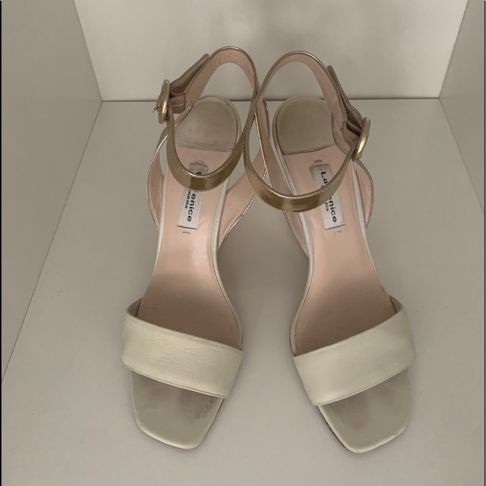 La Fenice Venezia Italian Leather Cream Gold ankle strap wedge sandal heel.